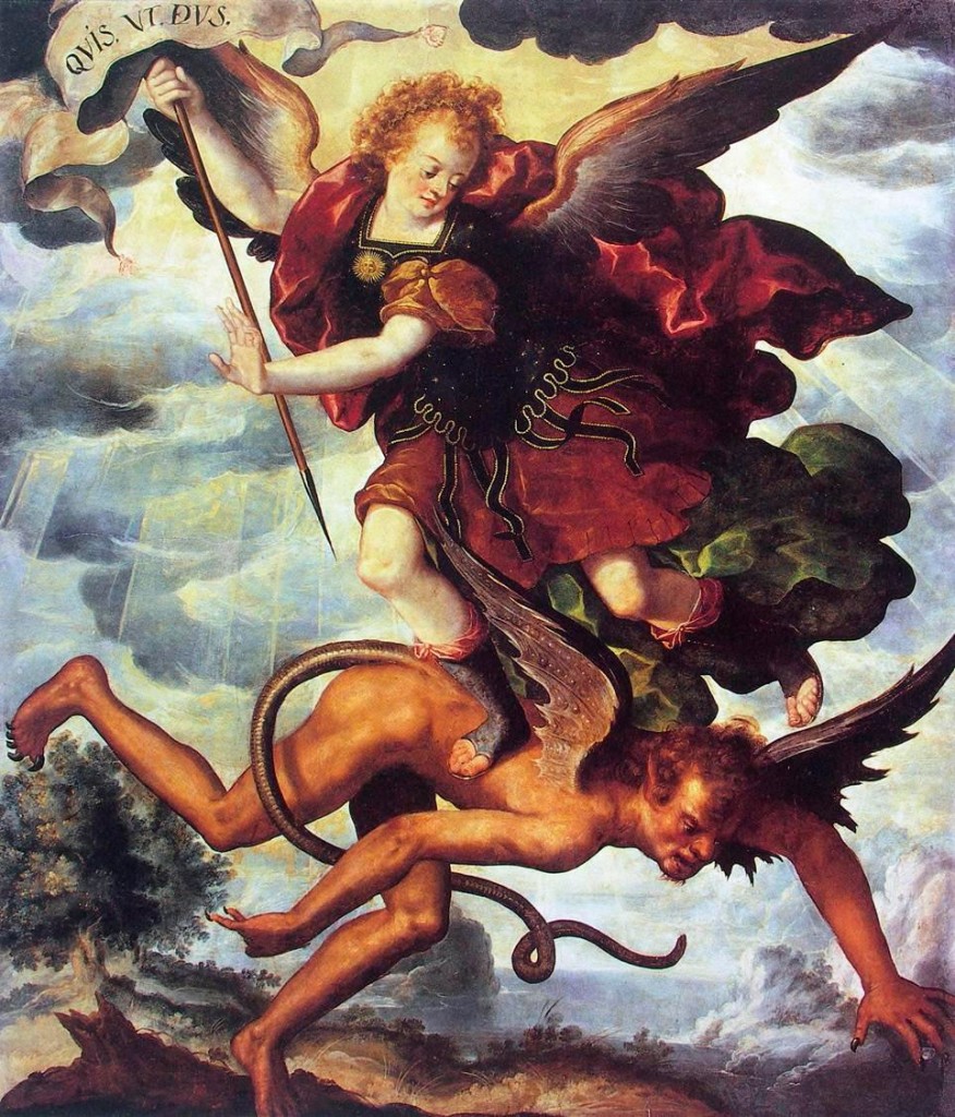 La armonía entre San Miguel y Luzbel en el cuadro original de Martín de Vos fue pronto modificada por pintores que no comprendieron la complementación de los opuestos en una Unidad que los trasciende, como hiciera el pintor Luis Juarez en 1615
