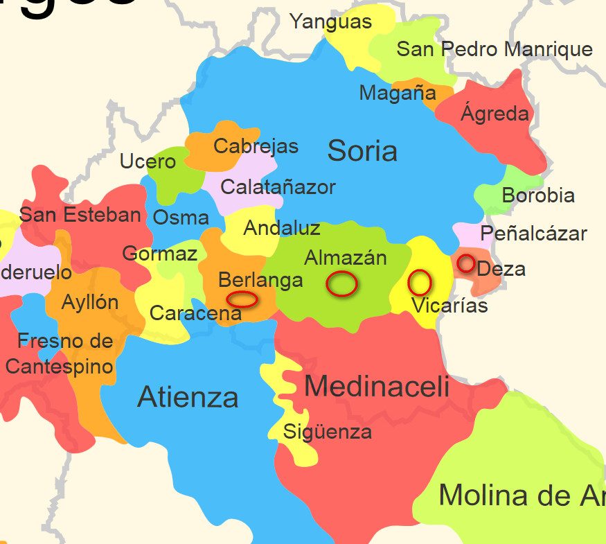 Con círculo rojo señalamos las Comunidades de Villa y Tierra Sorianas vinculadas a la familia de Jaime II de Aragón